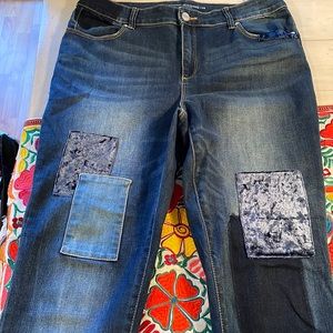 Chico’s dark begging with blue velvet patching